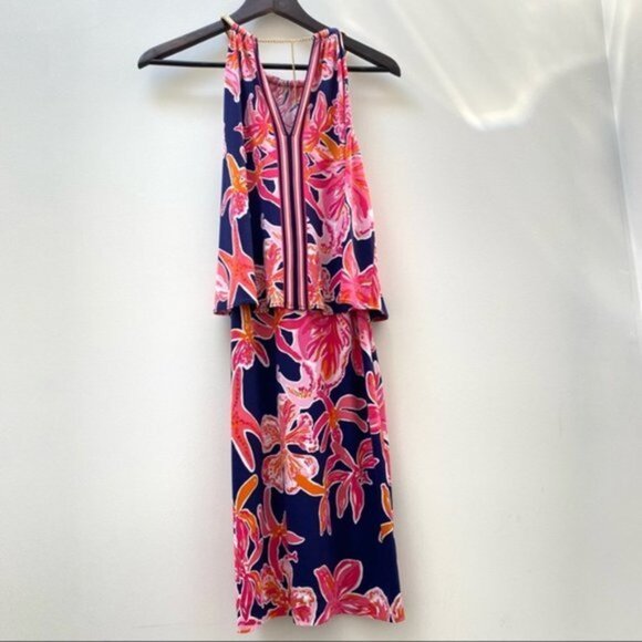 Lilly Pulitzer Floral Lucia Halter Dress in Bright Navy Women Size XS - Picture 4 of 9